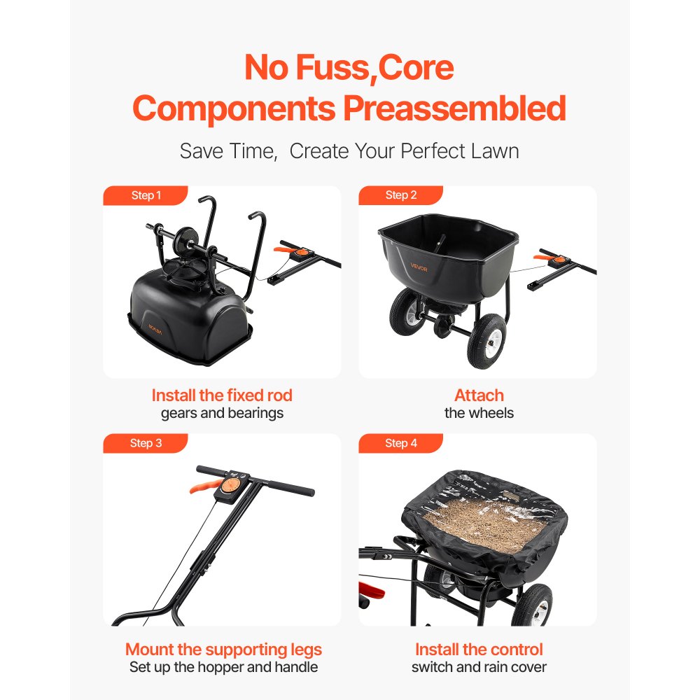 VEVOR Broadcast Spreader, 60LBS Capacity, Walk-Behind Push Spreader, 0-9.8 ft Spreading Width, 10 in All Terrain Pneumatic Tires, Lawn Spreaders with Hopper Grate, for Seed, Fertilizer, Ice Melt