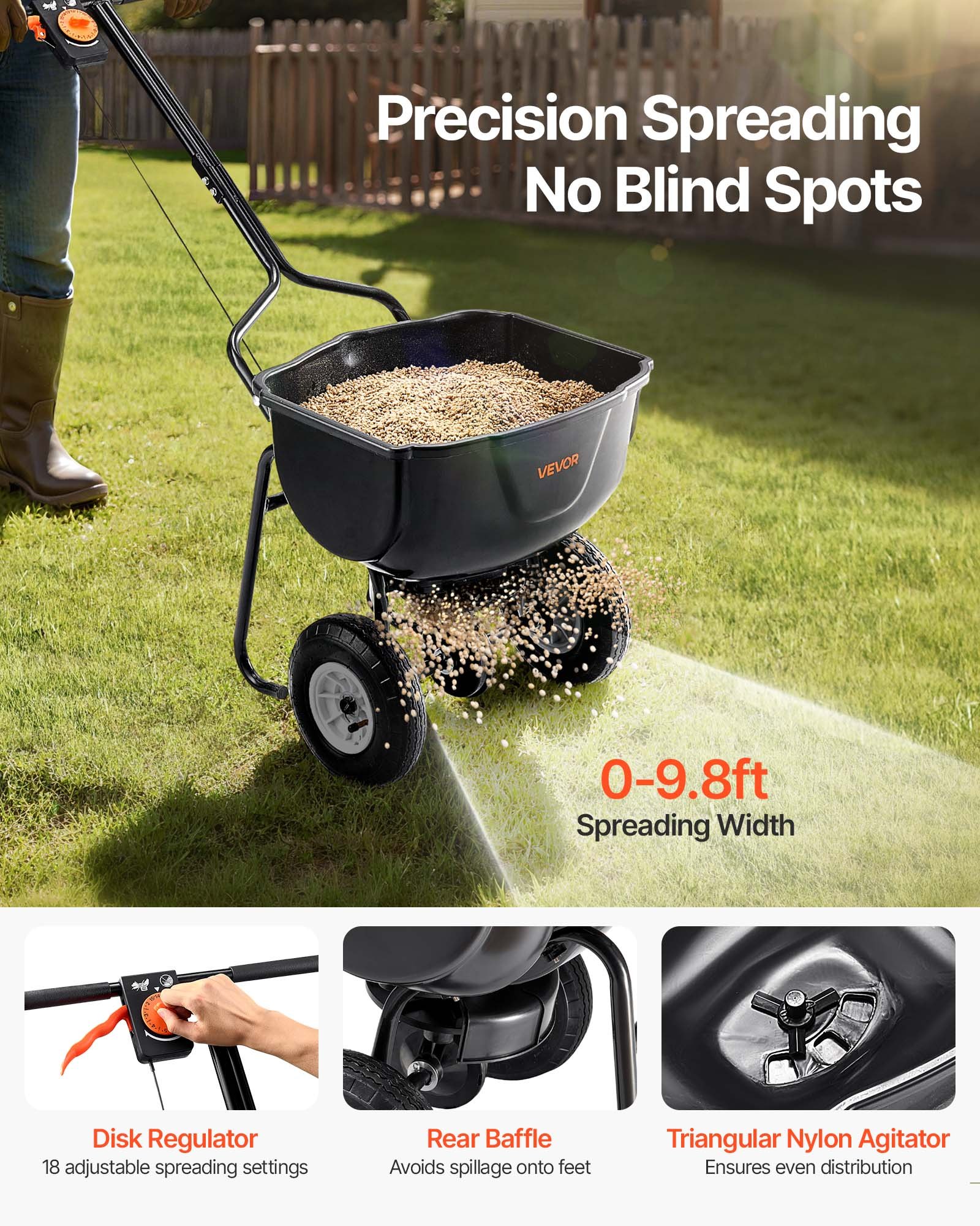 VEVOR Broadcast Spreader, 60LBS Capacity, Walk-Behind Push Spreader, 0-9.8 ft Spreading Width, 10 in All Terrain Pneumatic Tires, Lawn Spreaders with Hopper Grate, for Seed, Fertilizer, Ice Melt