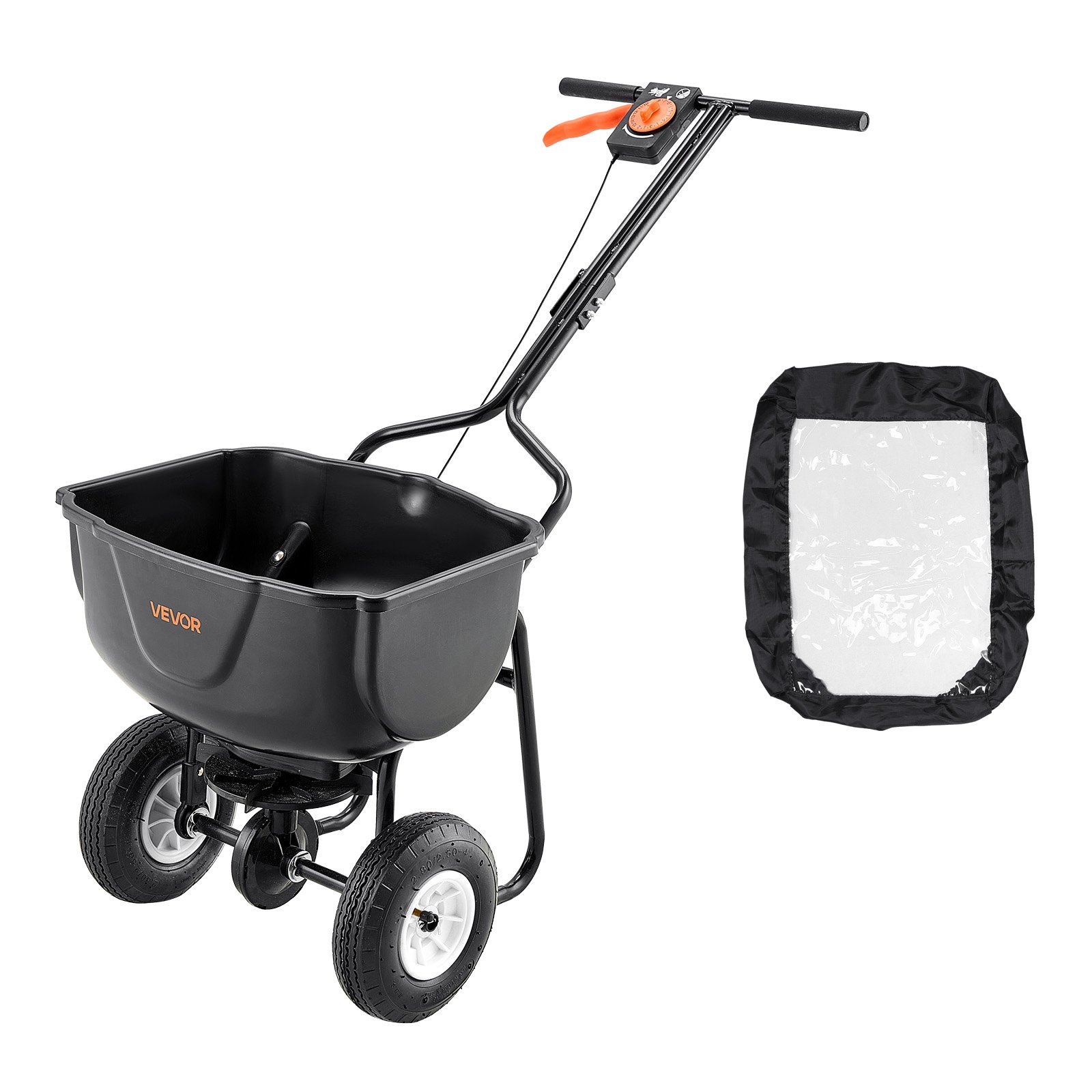 VEVOR Broadcast Spreader, 60LBS Capacity, Walk-Behind Push Spreader, 0-9.8 ft Spreading Width, 10 in All Terrain Pneumatic Tires, Lawn Spreaders with Hopper Grate, for Seed, Fertilizer, Ice Melt
