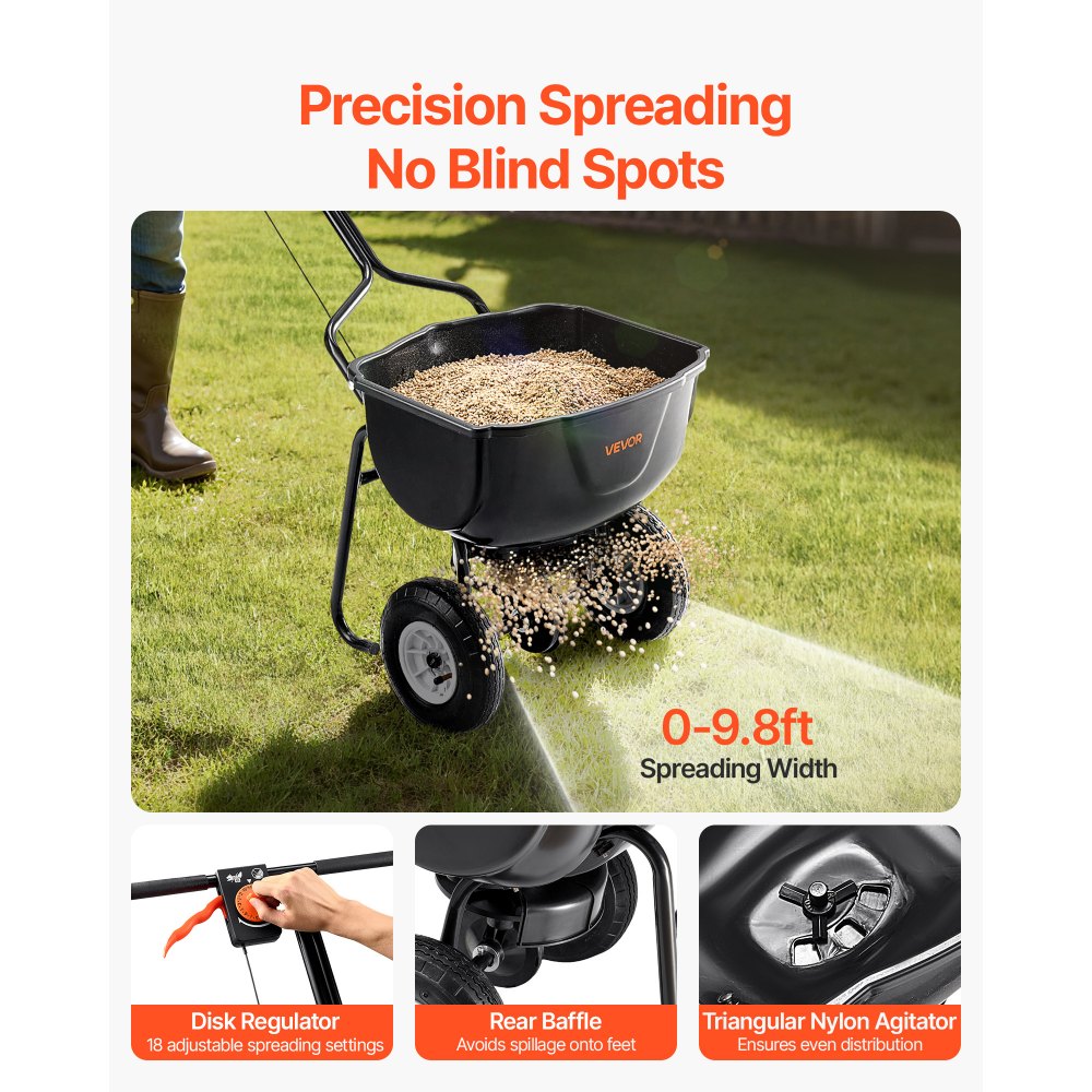 VEVOR Walk Behind Spreader, 60LBS Capacity, Push Spreader with Hopper Grate, 0-9.8 ft Spreading Width, 8 in All Terrain Pneumatic Tires, Garden & Lawn Broadcast Spreaders, for Seed, Fertilizer