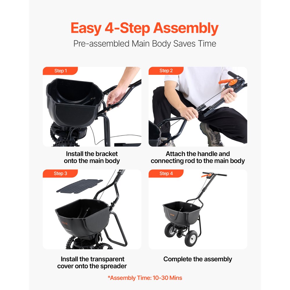 VEVOR Walk Behind Spreader, 60LBS Capacity, Push Spreader with Hopper Grate, 0-9.8 ft Spreading Width, 8 in All Terrain Pneumatic Tires, Garden & Lawn Broadcast Spreaders, for Seed, Fertilizer