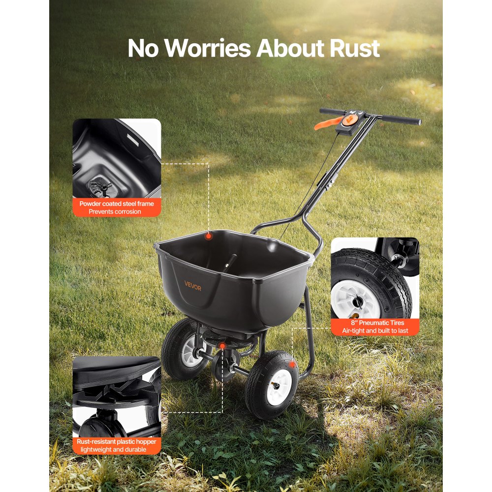VEVOR Walk Behind Spreader, 60LBS Capacity, Push Spreader with Hopper Grate, 0-9.8 ft Spreading Width, 8 in All Terrain Pneumatic Tires, Garden & Lawn Broadcast Spreaders, for Seed, Fertilizer