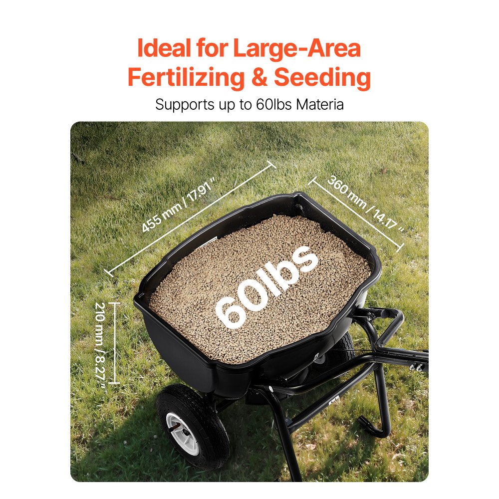 VEVOR Walk Behind Spreader,27.2 kg Capacity, Push Spreader with Hopper Grate, 0-9.8 ft Spreading Width, 8 in All Terrain Pneumatic Tires, Garden & Lawn Broadcast Spreaders, for Seed, Fertilizer
