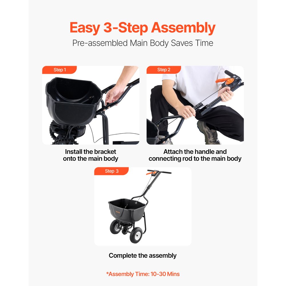 VEVOR Walk Behind Spreader,27.2 kg Capacity, Push Spreader with Hopper Grate, 0-9.8 ft Spreading Width, 8 in All Terrain Pneumatic Tires, Garden & Lawn Broadcast Spreaders, for Seed, Fertilizer