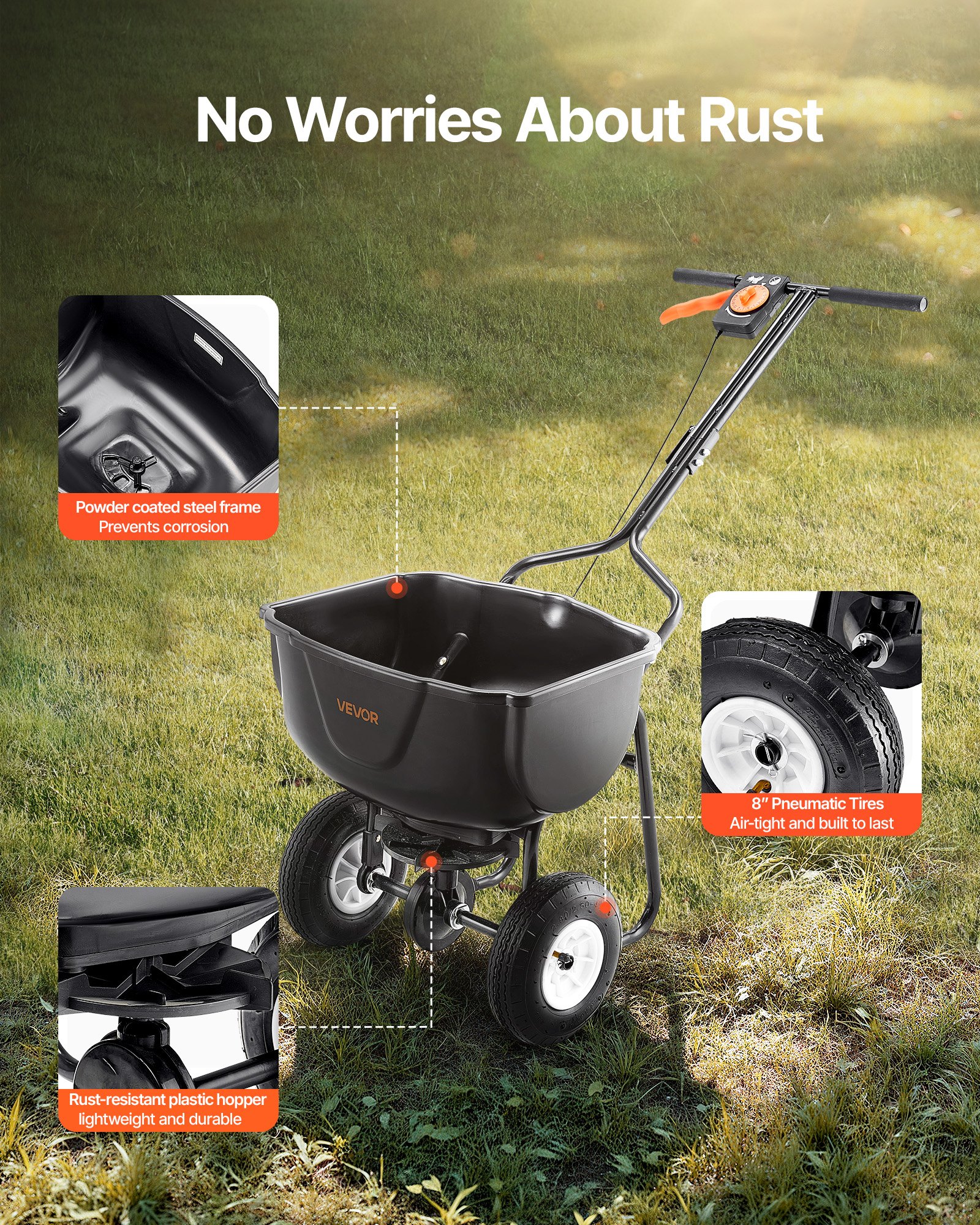 VEVOR Walk Behind Spreader, 60LBS Capacity, Push Spreader with Hopper Grate, 0-9.8 ft Spreading Width, 8 in All Terrain Pneumatic Tires, Garden & Lawn Broadcast Spreaders, for Seed, Fertilizer