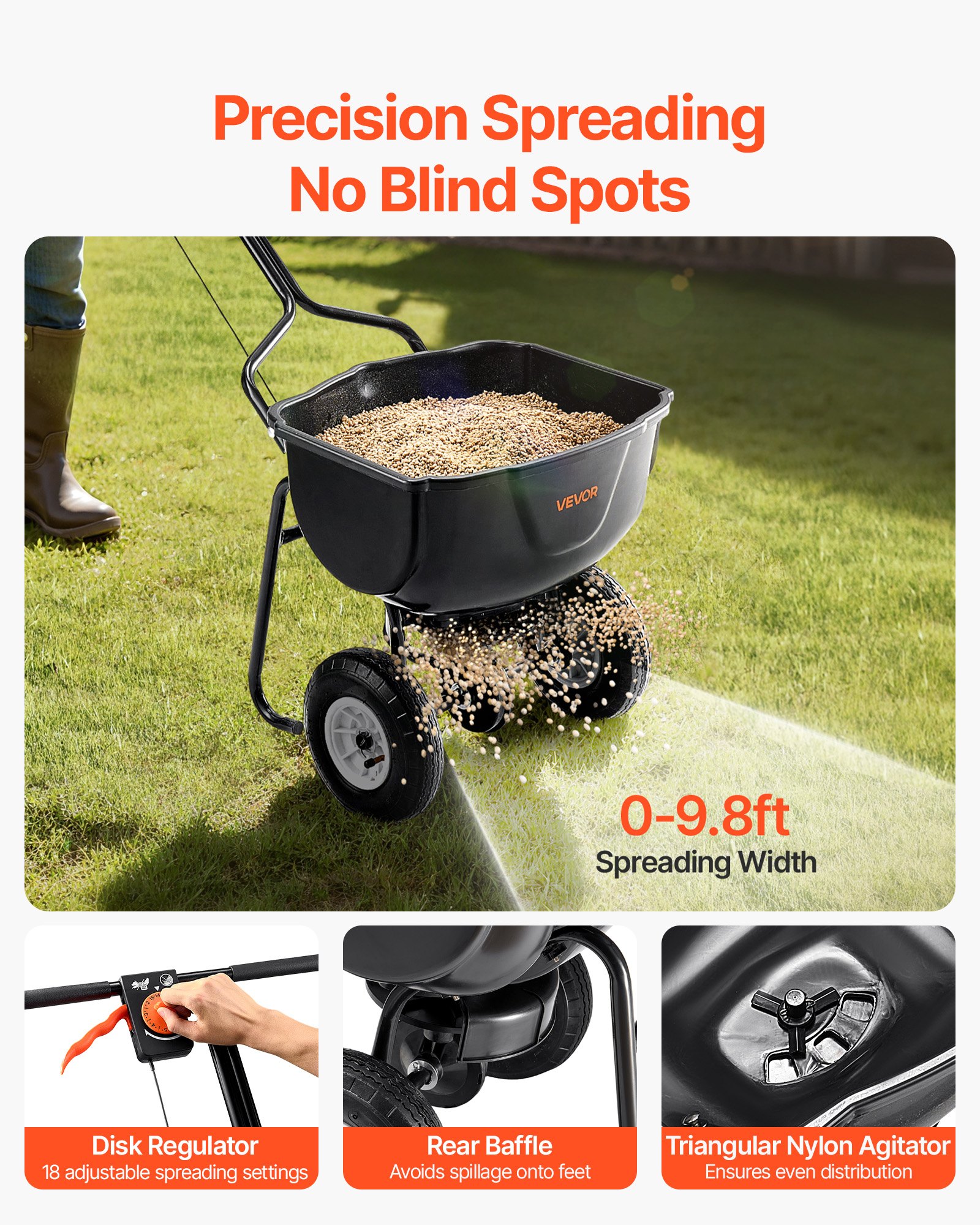 VEVOR Walk Behind Spreader,27.2 kg Capacity, Push Spreader with Hopper Grate, 0-9.8 ft Spreading Width, 8 in All Terrain Pneumatic Tires, Garden & Lawn Broadcast Spreaders, for Seed, Fertilizer