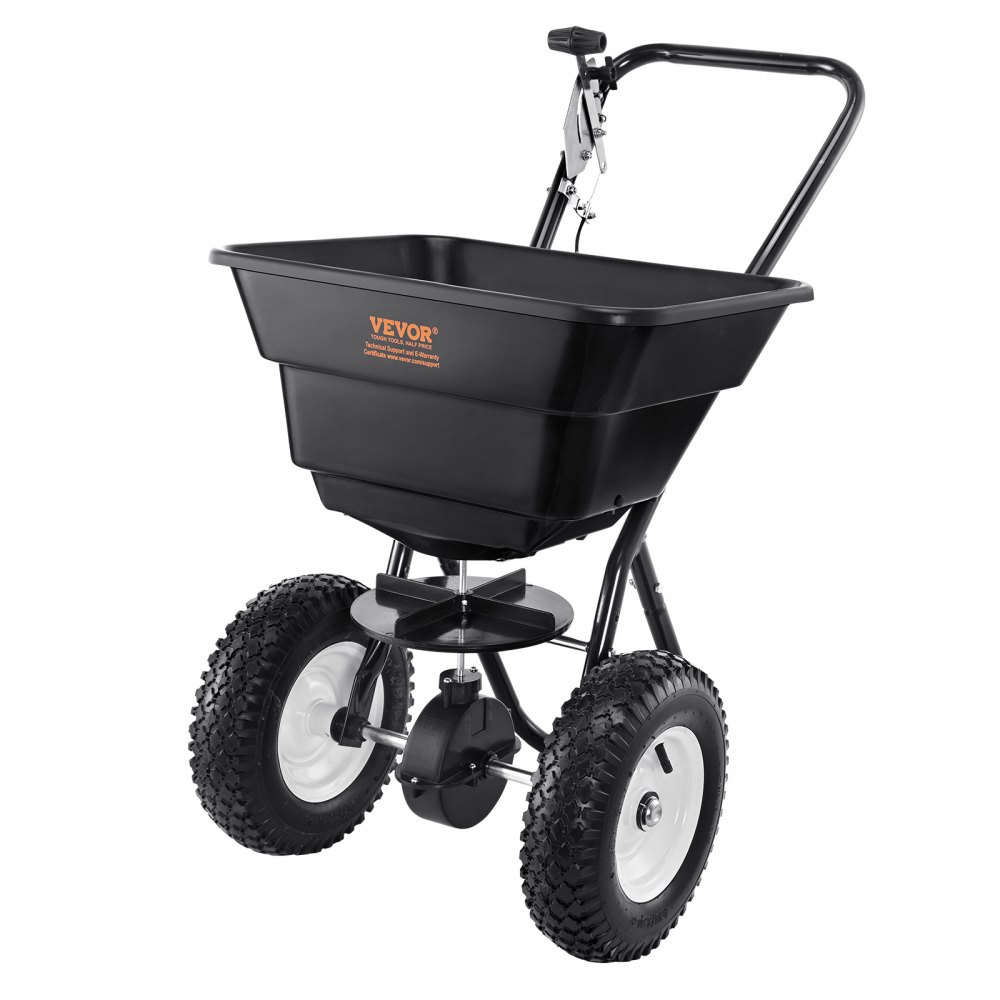 VEVOR Broadcast Spreader, 80 LB Walk-Behind Turf Spreader with 12" Wheels, Steel Push Fertilizer Spreader, Garden Seeder, and Salt Spreader, Designed for Residential, Farm, and Tough Terrain, Black