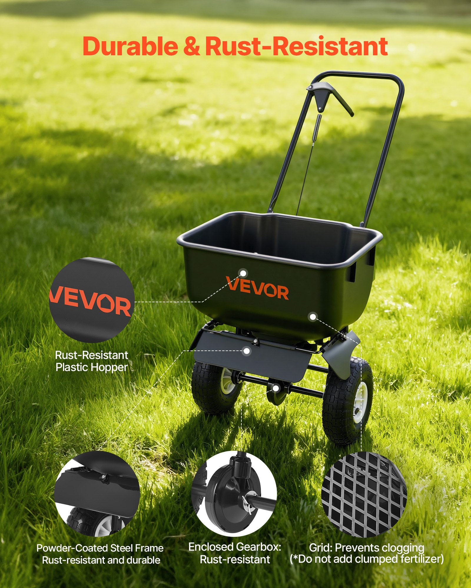 VEVOR Push Lawn Spreader, 3.6m Spreading Width, Broadcast Spreader with 36.3kg Load Capacity & 10 in All-Terrain Tires, Walk-Behind Garden & Lawn Broadcast Spreaders for Seed Fertilizer, Salt Ice Melt