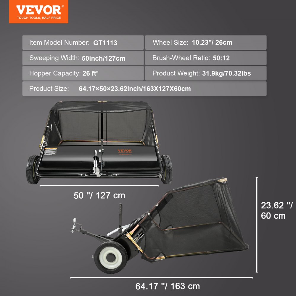 VEVOR Tow Behind Lawn Sweeper 50", Pull Behind Lawn Sweeper, 26 cu. ft Large Capacity Leaf & Grass Collector, with Adjustable Sweeping Height and Dumping Rope Design for Picking Up Debris and Grass