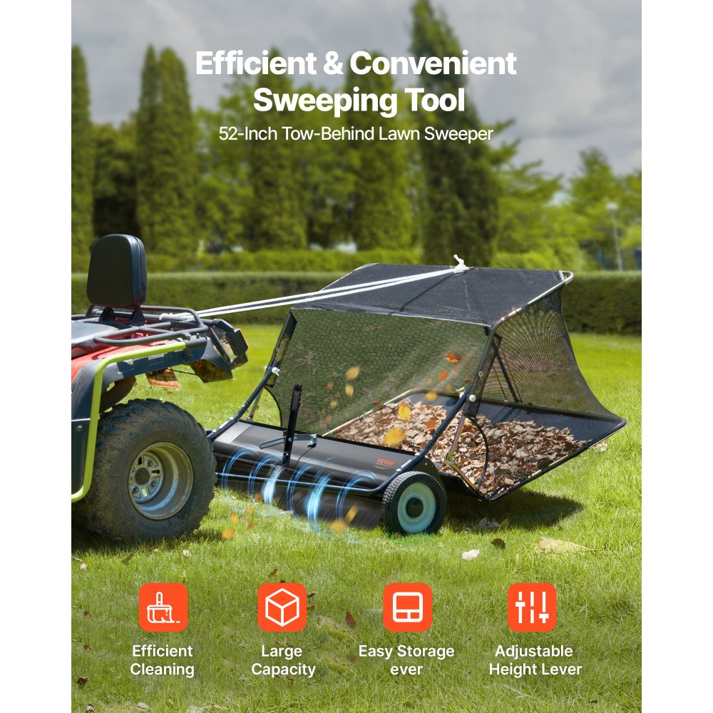 VEVOR 26.7 cm Tow Behind Lawn Sweeper, 26 cu.ft. Large Yard Sweeper, Adjustable Sweeping Height, Heavy Duty Leaf & Grass Collector with Dumping Rope, Pull Behind Sweepers for Debris Grass Clippings