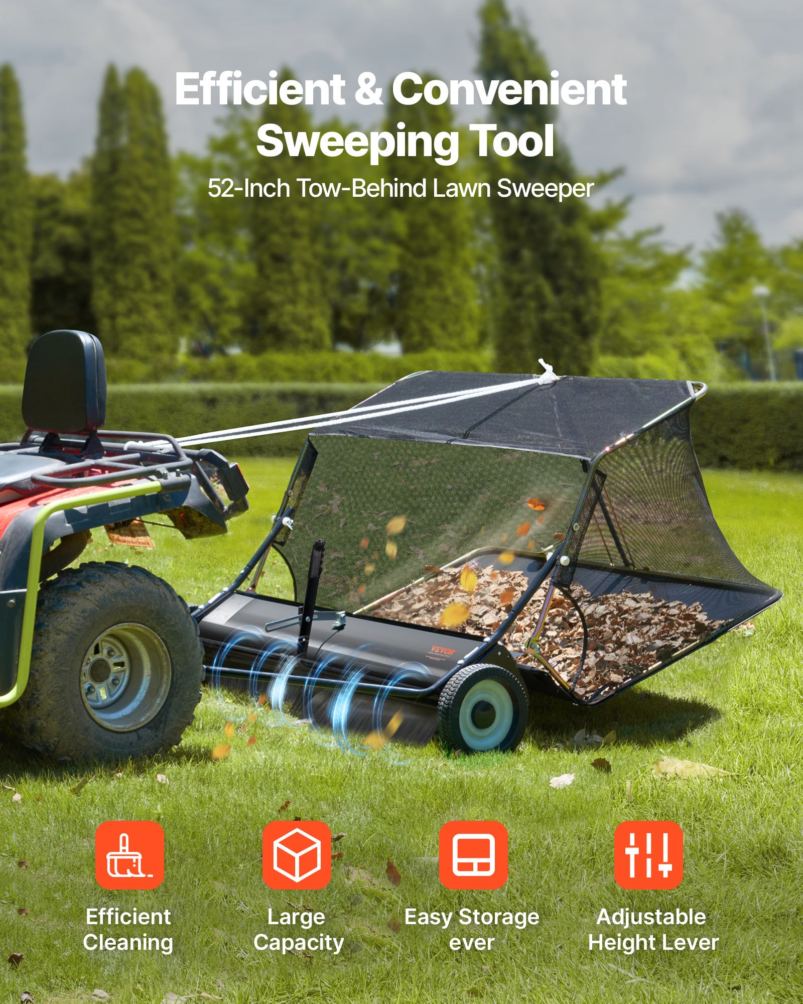 VEVOR 26.7 cm Tow Behind Lawn Sweeper, 26 cu.ft. Large Yard Sweeper, Adjustable Sweeping Height, Heavy Duty Leaf & Grass Collector with Dumping Rope, Pull Behind Sweepers for Debris Grass Clippings