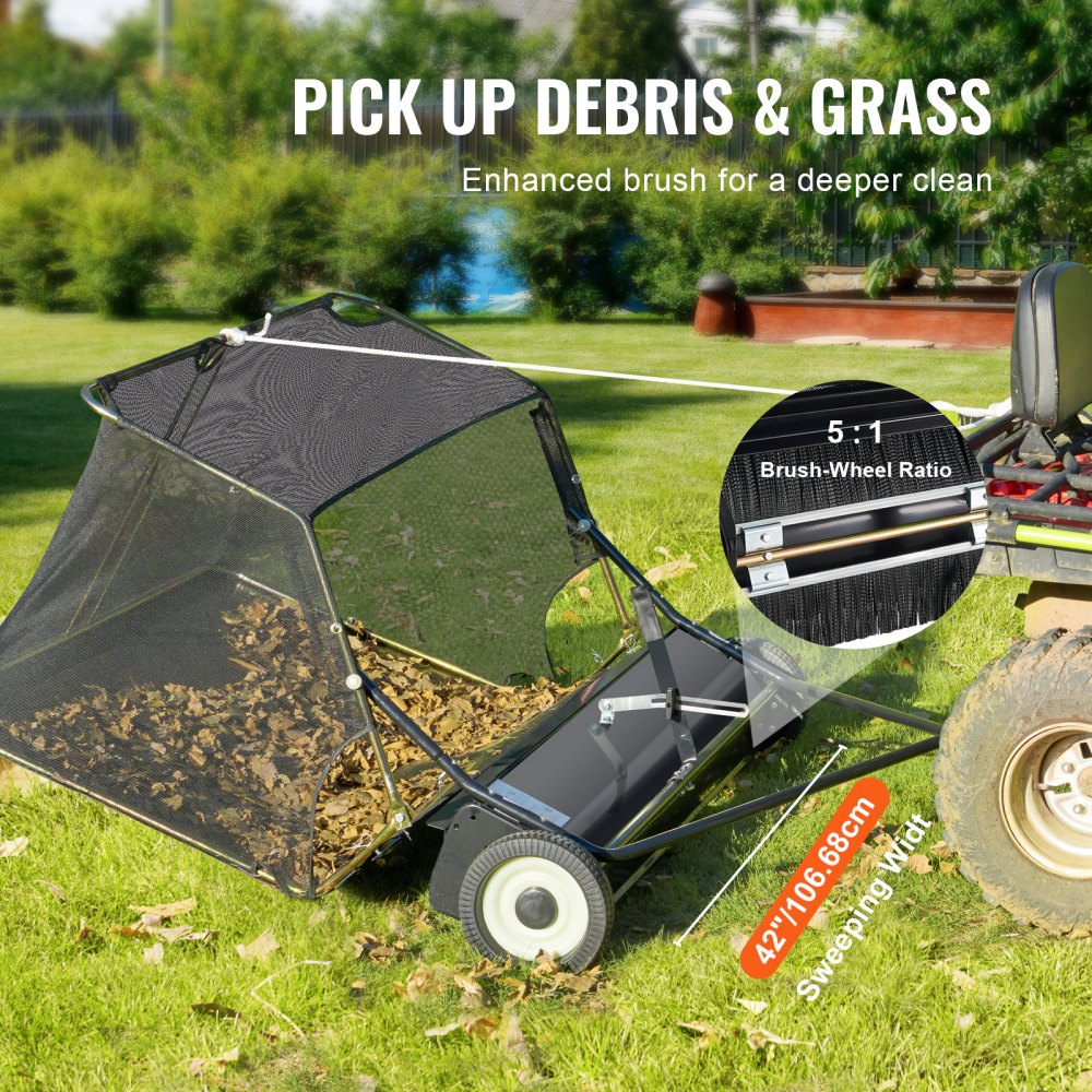 VEVOR 42-inch Lawn Sweeper Tow Behind, 12 cu.ft. Large Pull Behind Grass Sweeper, Heavy Duty Leaf & Grass Collector with Dumping Rope Design, Adjustable Sweeping Height for Picking Up Debris & Grass