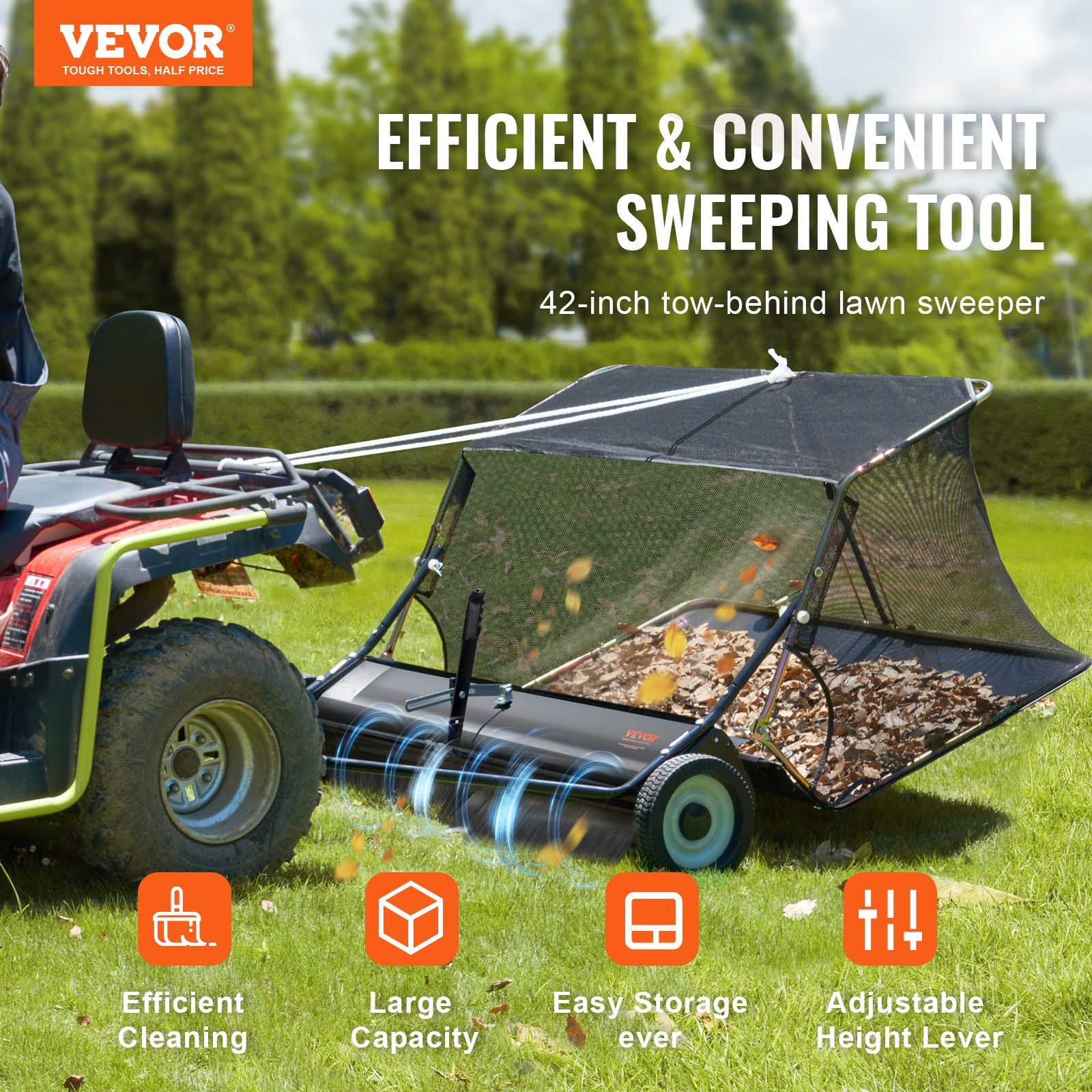VEVOR 42-inch Lawn Sweeper Tow Behind, 12 cu.ft. Large Pull Behind Grass Sweeper, Heavy Duty Leaf & Grass Collector with Dumping Rope Design, Adjustable Sweeping Height for Picking Up Debris & Grass