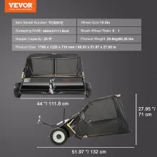 VEVOR Tow Behind Lawn Sweeper, 44 in Pull Behind Lawn Sweeper, 25 cu. ft Large Capacity Leaf & Grass Collector, Heavy Duty Garden Sweeper with Adjustable Sweeping Height for Yard, Lawn, Farm