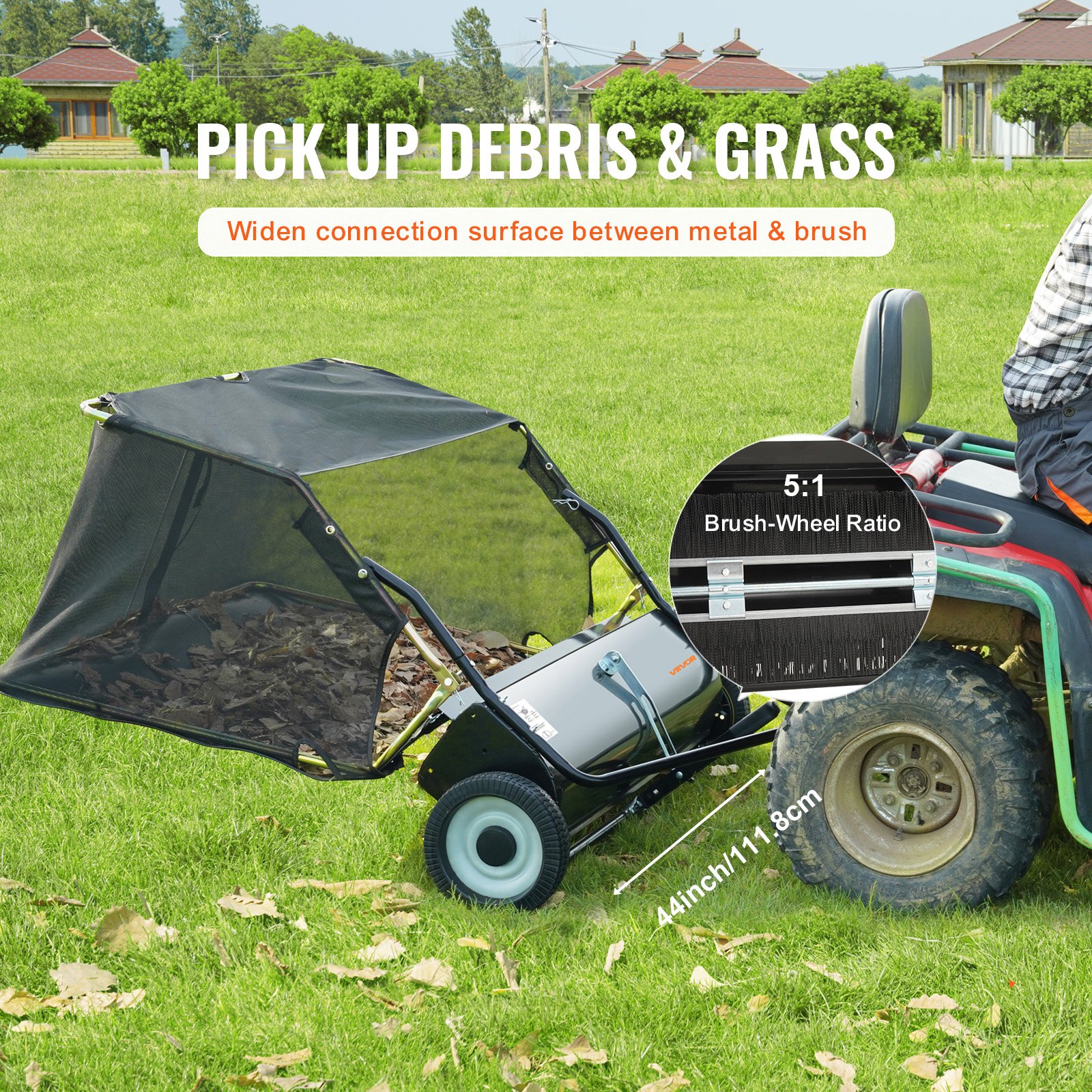 VEVOR Tow Behind Lawn Sweeper, 111.7 cm Pull Behind Lawn Sweeper, 25 cu. ft Large Capacity Leaf & Grass Collector, Heavy Duty Garden Sweeper with Adjustable Sweeping Height for Yard, Lawn, Farm