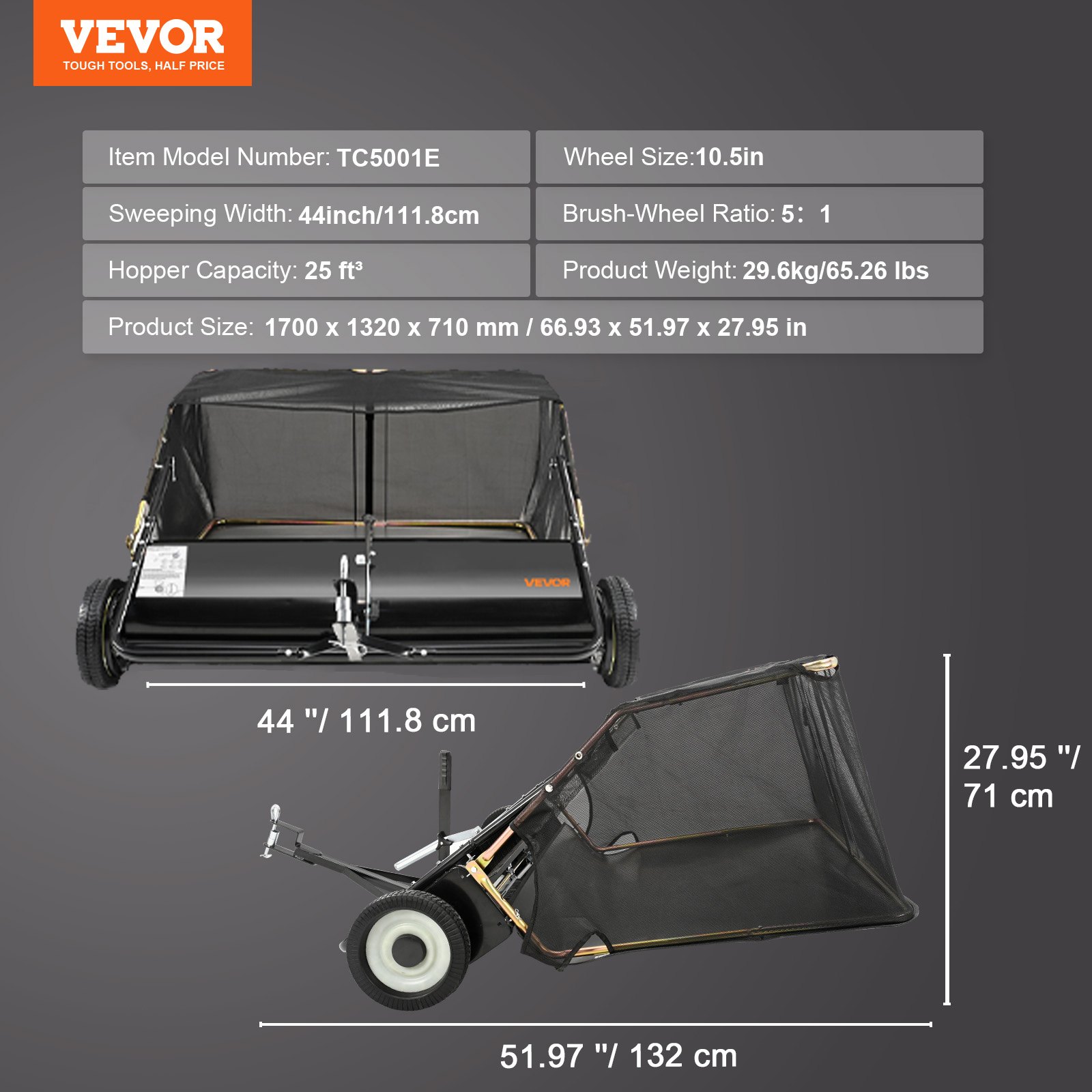 VEVOR Tow Behind Lawn Sweeper, 111.7 cm Pull Behind Lawn Sweeper, 25 cu. ft Large Capacity Leaf & Grass Collector, Heavy Duty Garden Sweeper with Adjustable Sweeping Height for Yard, Lawn, Farm