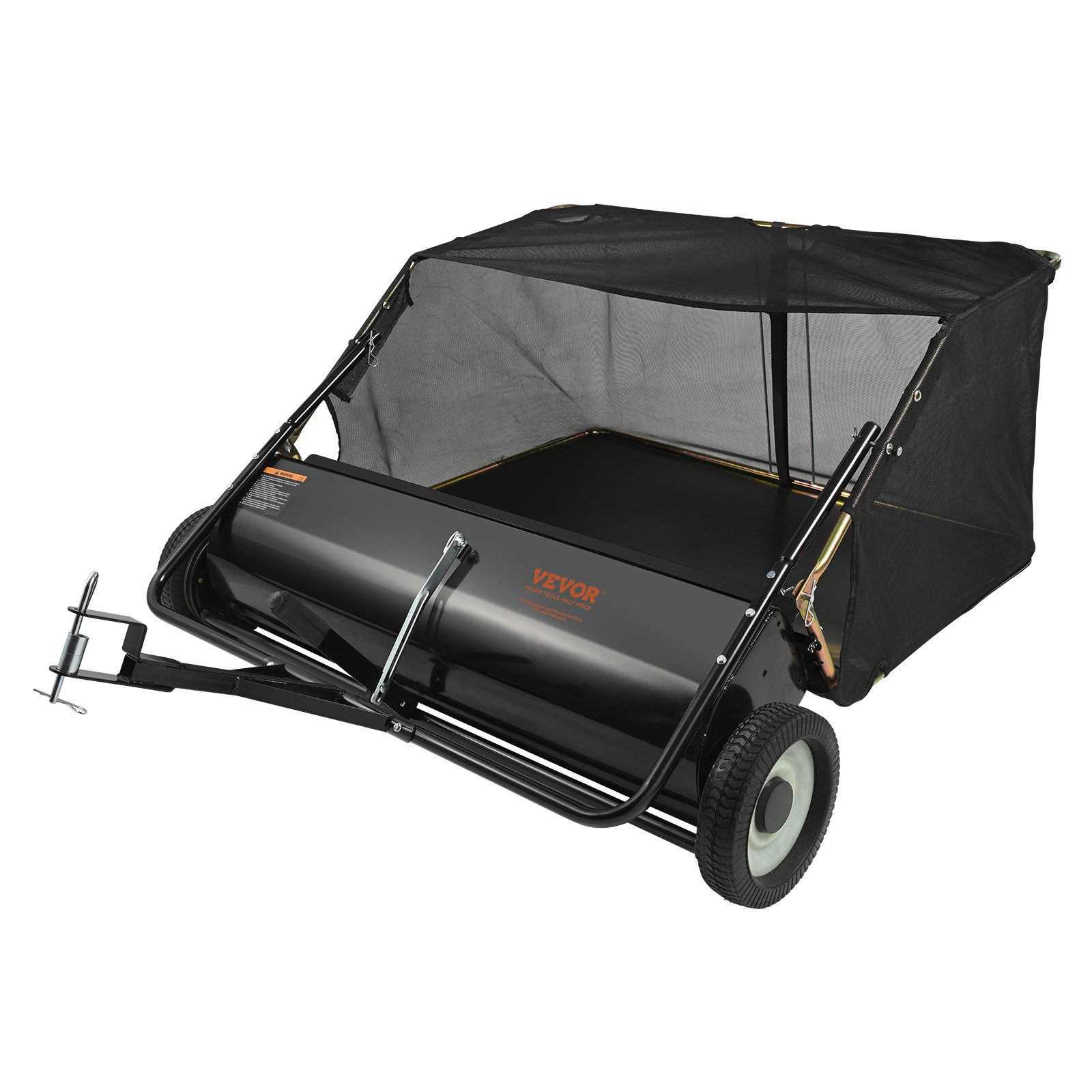 VEVOR Tow Behind Lawn Sweeper 44 inch, 25 cu. ft Large Capacity Heavy Duty Leaf & Grass Collector with Adjustable Sweeping Height, Dumping Rope Design for Picking Up Debris and Grass