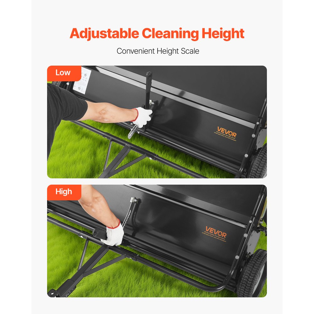 VEVOR Tow Behind Lawn Sweeper, 48 in Pull Behind Yard Sweeper, 26 cu. ft Hopper Bag Capacity, Leaf & Grass Collector with Dumping Rope, Adjustable Sweeping Height, Garden Sweepers for Lawn Farm