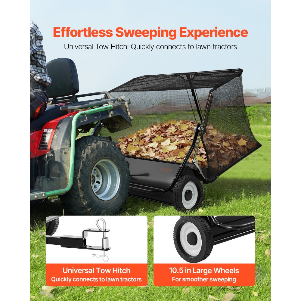 VEVOR Tow Behind Lawn Sweeper, 122cm Pull Behind Yard Sweeper, 26 cu. ft Hopper Bag Capacity, Leaf & Grass Collector with Dumping Rope, Adjustable Sweeping Height, Garden Sweepers for Lawn Farm
