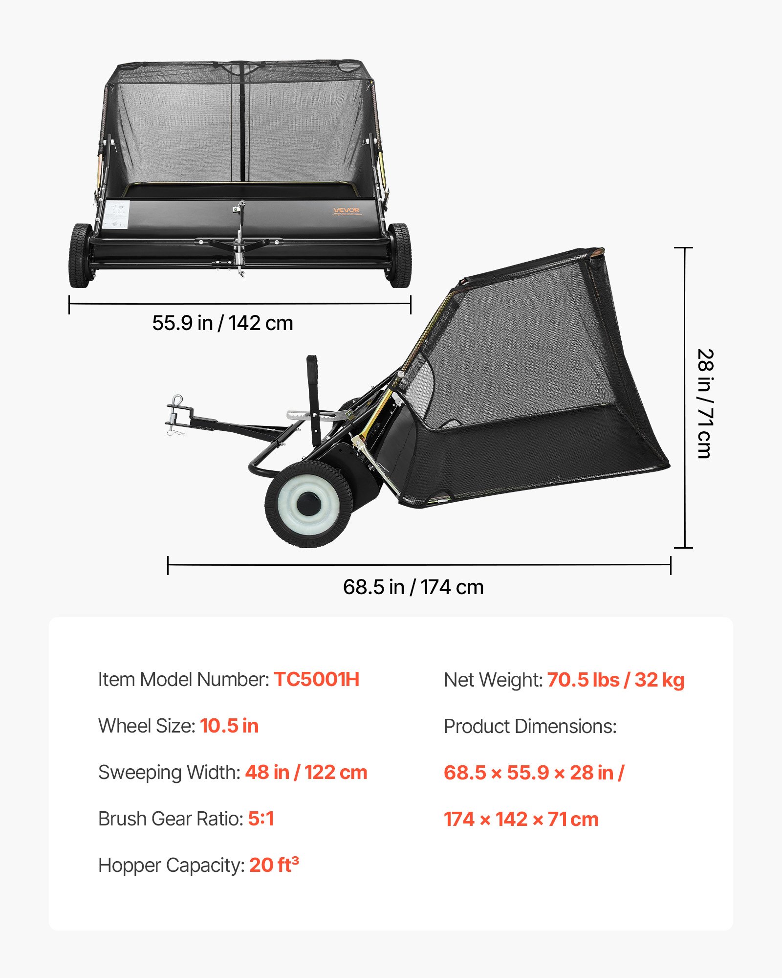 VEVOR Tow Behind Lawn Sweeper, 122cm Pull Behind Yard Sweeper, 26 cu. ft Hopper Bag Capacity, Leaf & Grass Collector with Dumping Rope, Adjustable Sweeping Height, Garden Sweepers for Lawn Farm