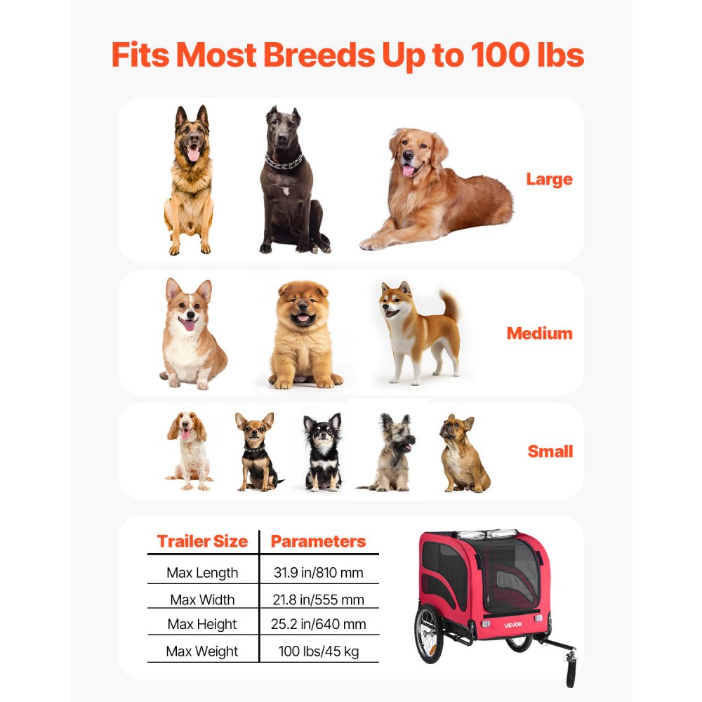 VEVOR Dog Bike Trailer, Supports up to 100 lbs, Pet Cart Bicycle Carrier for Small & Large Dogs, Easy Folding Frame with Quick Release Wheel, Universal Bicycle Coupler, Reflector, Flag, Internal Leash