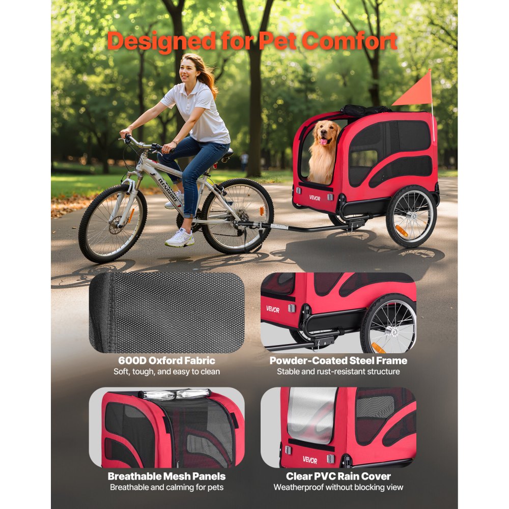 VEVOR Dog Bike Trailer, Supports up to 100 lbs, Pet Cart Bicycle Carrier for Small & Large Dogs, Easy Folding Frame with Quick Release Wheel, Universal Bicycle Coupler, Reflector, Flag, Internal Leash