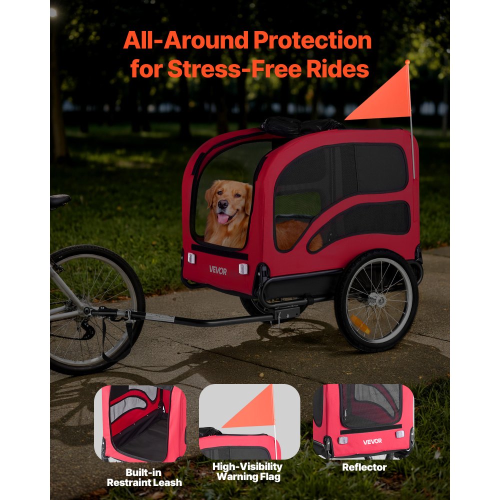 VEVOR Dog Bike Trailer, Supports up to 100 lbs, Pet Cart Bicycle Carrier for Small & Large Dogs, Easy Folding Frame with Quick Release Wheel, Universal Bicycle Coupler, Reflector, Flag, Internal Leash