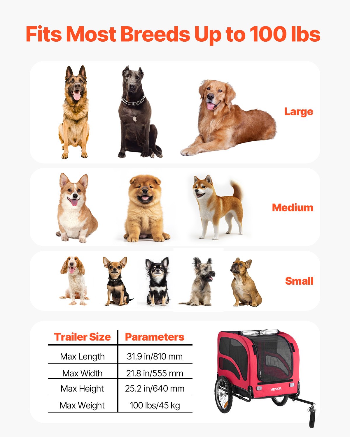 VEVOR Dog Bike Trailer, Supports up to 100 lbs, Pet Cart Bicycle Carrier for Small & Large Dogs, Easy Folding Frame with Quick Release Wheel, Universal Bicycle Coupler, Reflector, Flag, Internal Leash