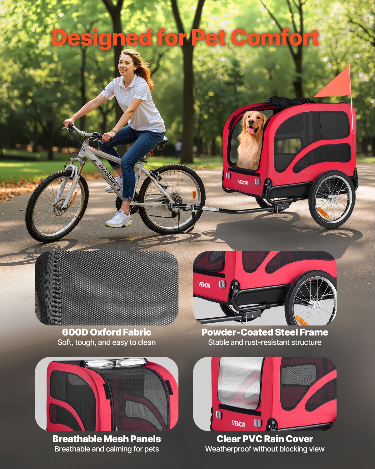 VEVOR Dog Bike Trailer, Supports up to 100 lbs, Pet Cart Bicycle Carrier for Small & Large Dogs, Easy Folding Frame with Quick Release Wheel, Universal Bicycle Coupler, Reflector, Flag, Internal Leash