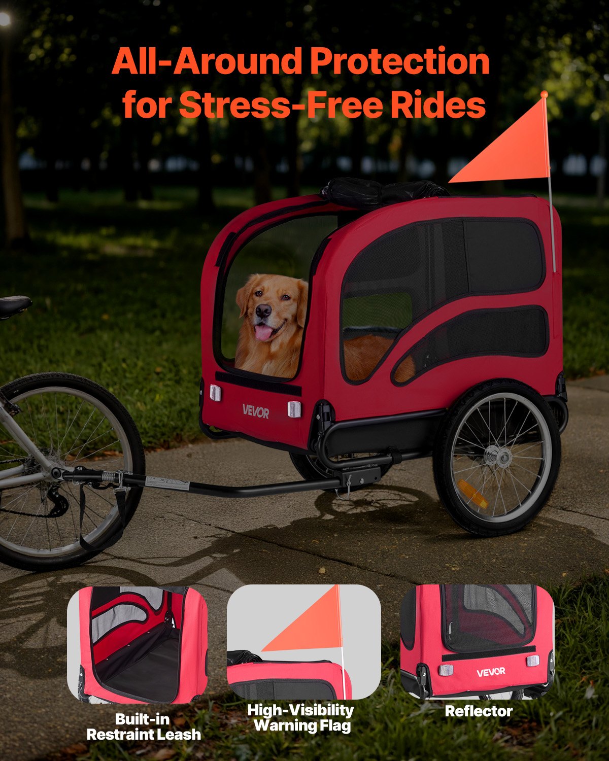 VEVOR Dog Bike Trailer, Supports up to 100 lbs, Pet Cart Bicycle Carrier for Small & Large Dogs, Easy Folding Frame with Quick Release Wheel, Universal Bicycle Coupler, Reflector, Flag, Internal Leash