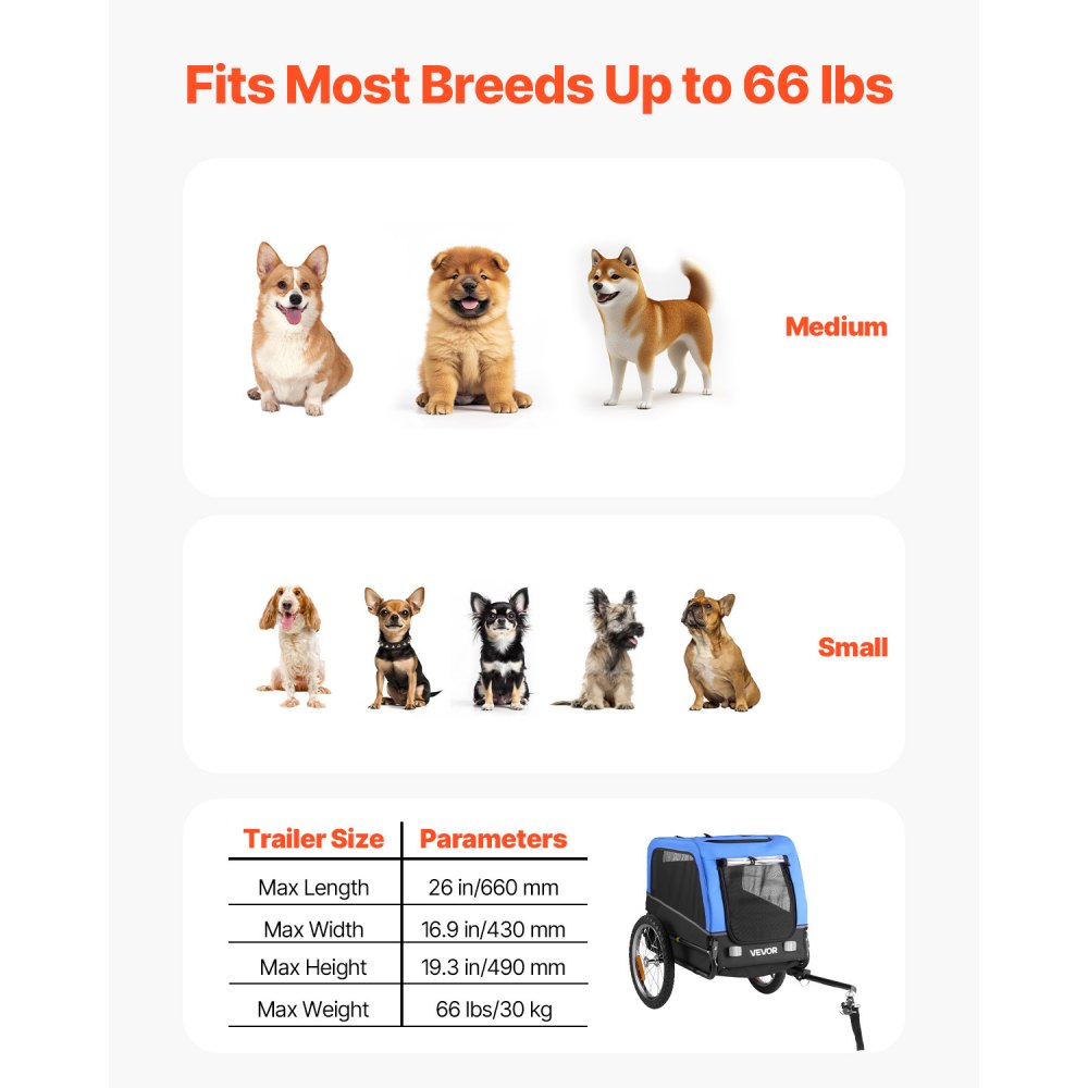 VEVOR Dog Bike Trailer, Supports up to 66 lbs, Pet Cart Bicycle Carrier for Small & Medium Dogs, Easy Folding Frame with Quick Release Wheel, Universal Bicycle Coupler, Reflector, Flag, Internal Leash