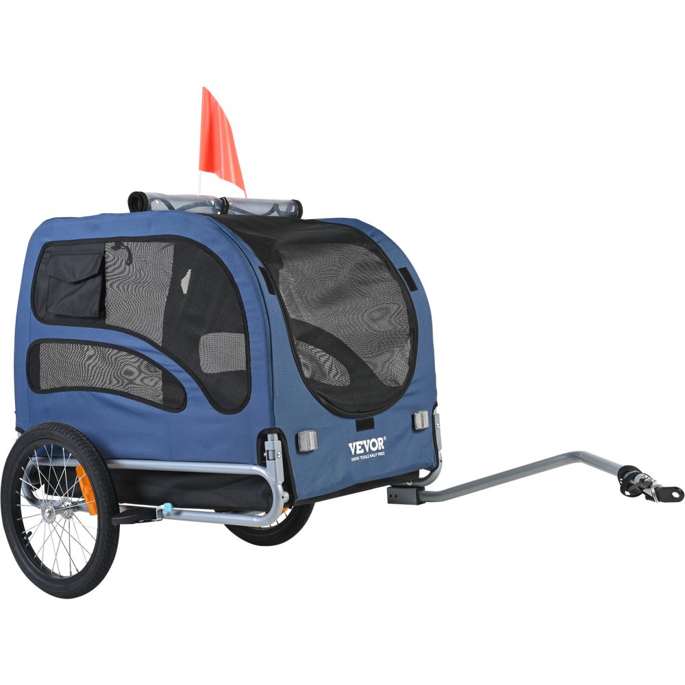 VEVOR kutyakerékpár utánfutó, 100 lb-ig támasztható, kisállatkocsi kerékpártartó, könnyen összecsukható váz gyorskioldó kerekekkel, univerzális kerékpárcsatlakozó, fényvisszaverők, zászló, összecsukható, tárolható, kék/fekete