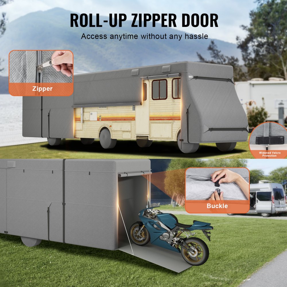 VEVOR Travel Trailer Cover, 38-40 ft RV Cover, 4-Layer Non-Woven Fabric Camper Cover, Waterproof, Windproof and Rip-Stop Class A RV Cover, with Storage Bag, Repair Patches, Straps and Tire Covers