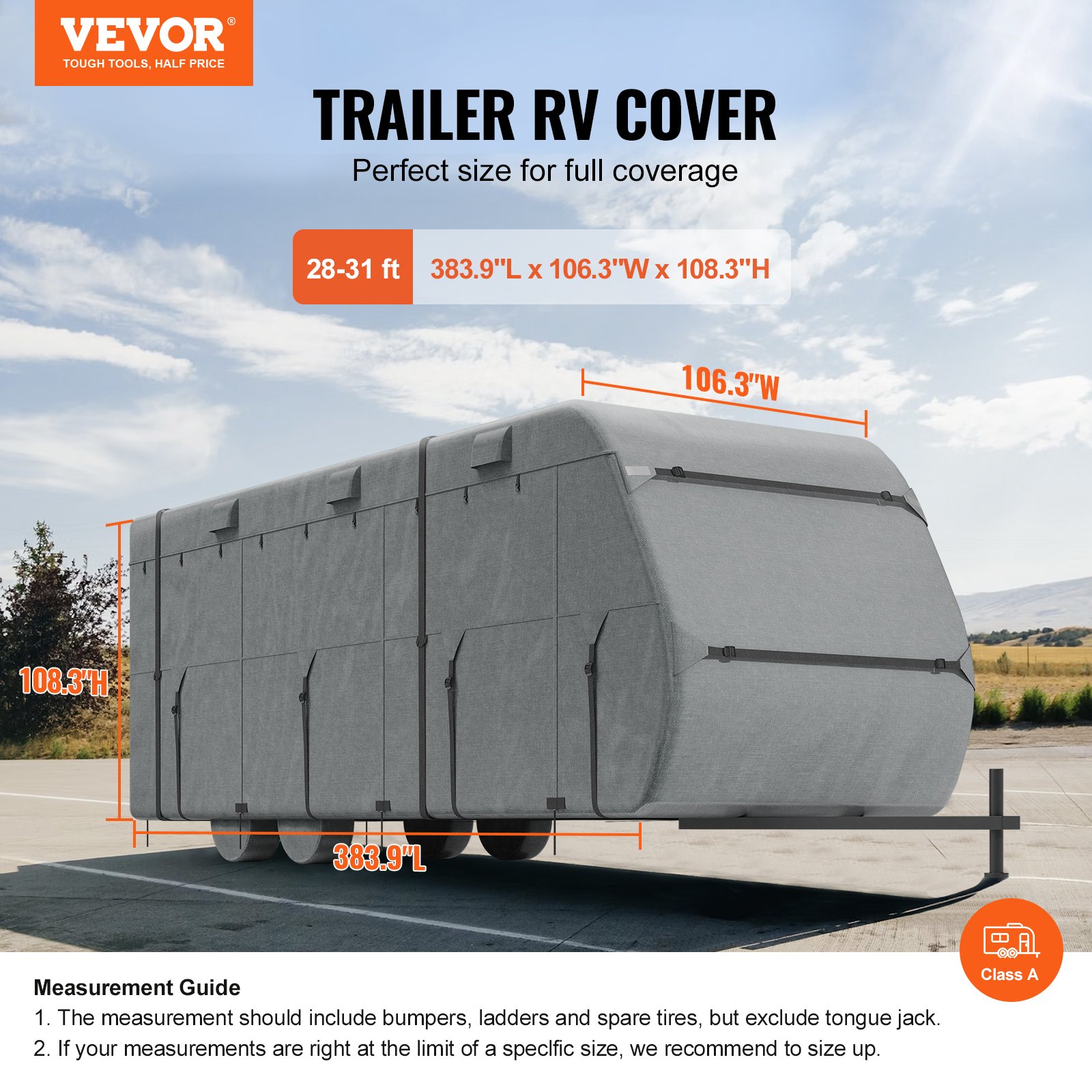 VEVOR Travel Trailer Cover, 28-31 ft RV Cover, Top 300D Oxford Fabric Camper Cover, Waterproof, Windproof and Rip-Stop Class A RV Cover, with Storage Bag, Repair Patches, Straps and Tire Covers