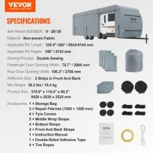 VEVOR Travel Trailer Cover, 28-30' RV Cover, 4-Layer Non-Woven Fabric Camper Cover, Waterproof, Windproof And Wear-Resistant Class A RV Cover, Rip-Stop Camper Cover with Storage Bag and Patches