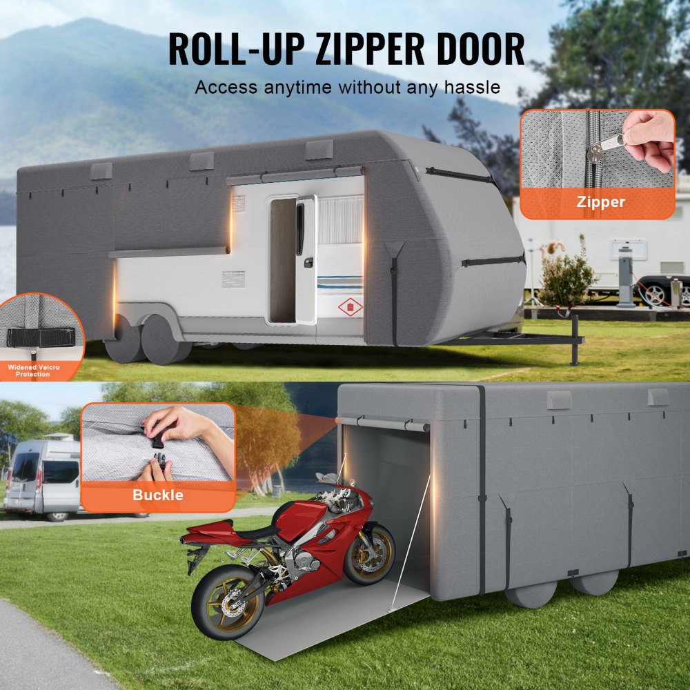 VEVOR Travel Trailer Cover, 24-27 ft RV Cover, 4-Layer Non-Woven Fabric Camper Cover, Waterproof, Windproof and Rip-Stop Class A RV Cover, with Storage Bag, Repair Patches, Straps and Tire Covers
