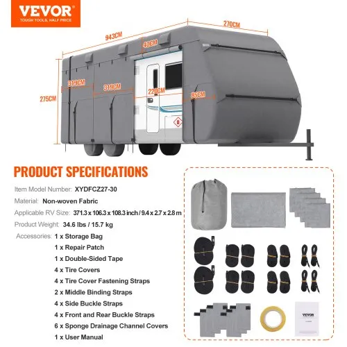 Travel Trailers RV Cover For 27-30FT, Heavy Duty Oxford PU All Weather Protection - View #9