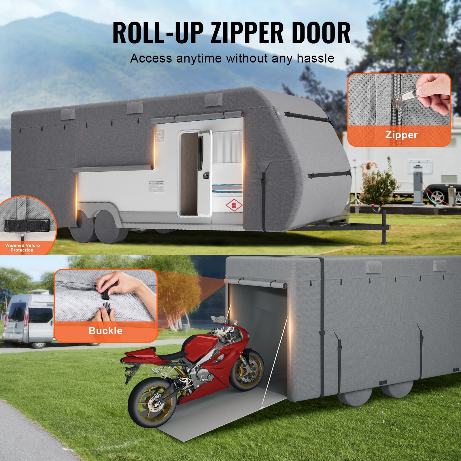 VEVOR Travel Trailer Cover, 18-20 ft RV Cover, 4-Layer Non-Woven Fabric Camper Cover, Waterproof, Windproof and Rip-Stop Class A RV Cover, with Storage Bag, Repair Patches, Straps and Tire Covers