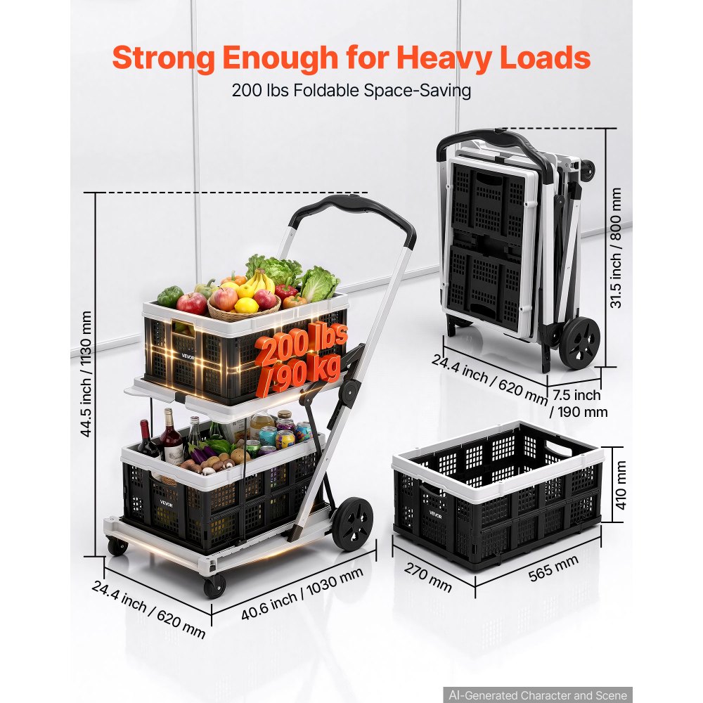 VEVOR Collapsible Shopping Cart with Wheels Foldable for Grocery Black Gray, 90 kg Capacity Rolling Utility Cart, Storage Crate & Foot Brake, Portable Folding for Groceries, Warehouse, Supermarket
