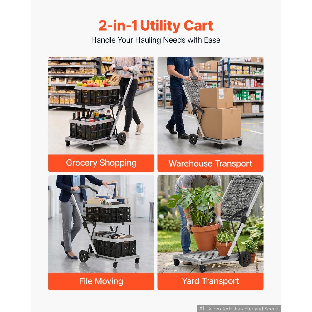 VEVOR Collapsible Shopping Cart with Wheels Foldable for Grocery Black Gray, 90 kg Capacity Rolling Utility Cart, Storage Crate & Foot Brake, Portable Folding for Groceries, Warehouse, Supermarket