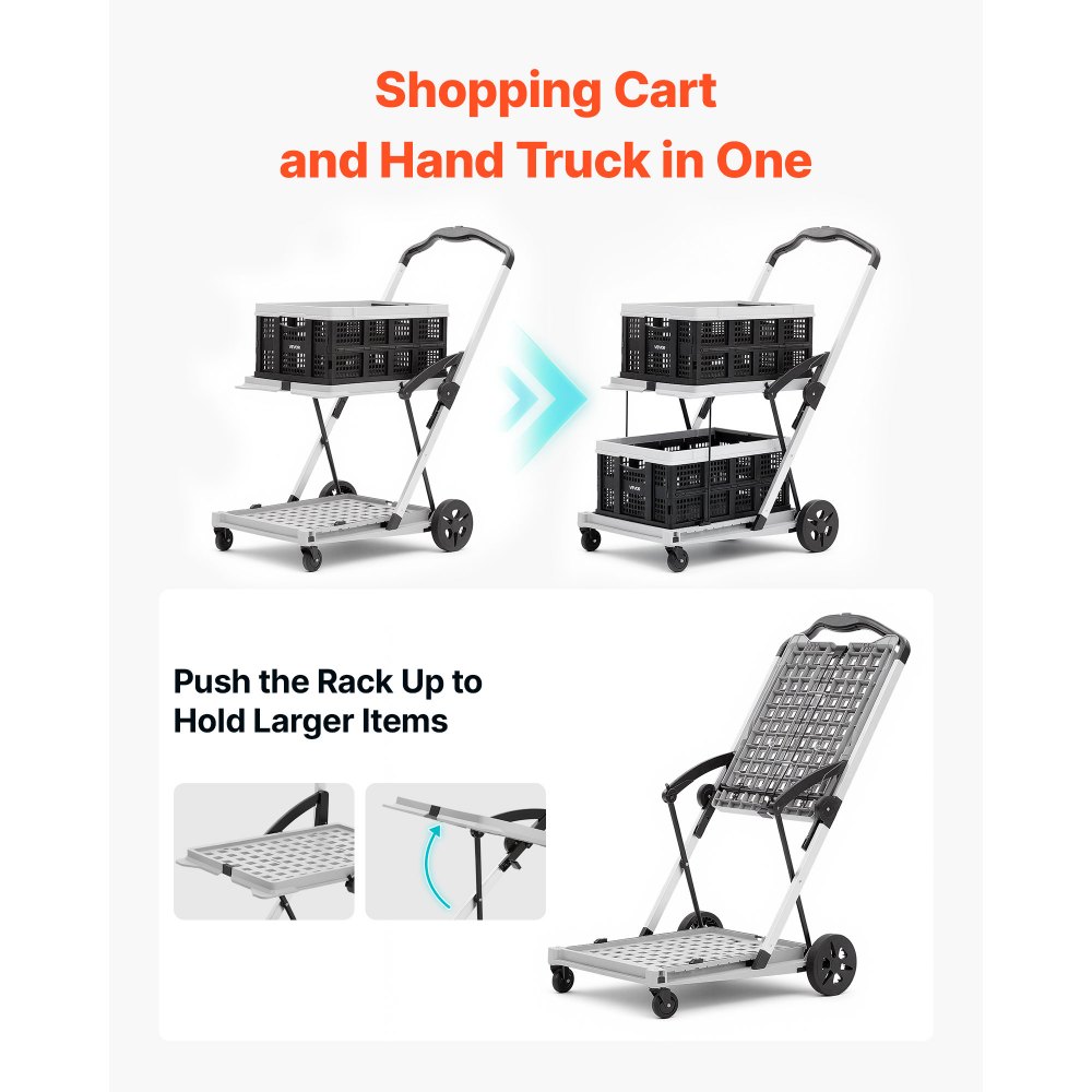 VEVOR Collapsible Shopping Cart with Wheels Foldable for Grocery Black Gray, 90 kg Capacity Rolling Utility Cart, Storage Crate & Foot Brake, Portable Folding for Groceries, Warehouse, Supermarket