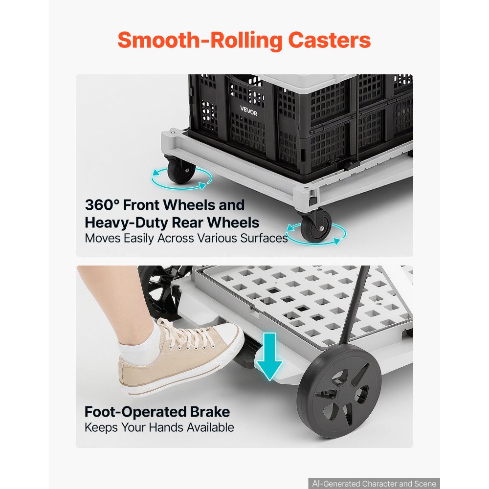 VEVOR Collapsible Shopping Cart with Wheels Foldable for Grocery Black Gray, 90 kg Capacity Rolling Utility Cart, Storage Crate & Foot Brake, Portable Folding for Groceries, Warehouse, Supermarket