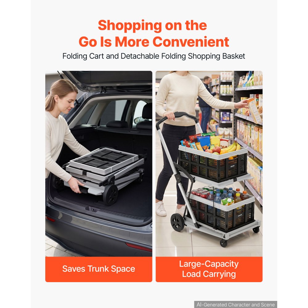 VEVOR Collapsible Shopping Cart with Wheels Foldable for Grocery Black Gray, 90 kg Capacity Rolling Utility Cart, Storage Crate & Foot Brake, Portable Folding for Groceries, Warehouse, Supermarket