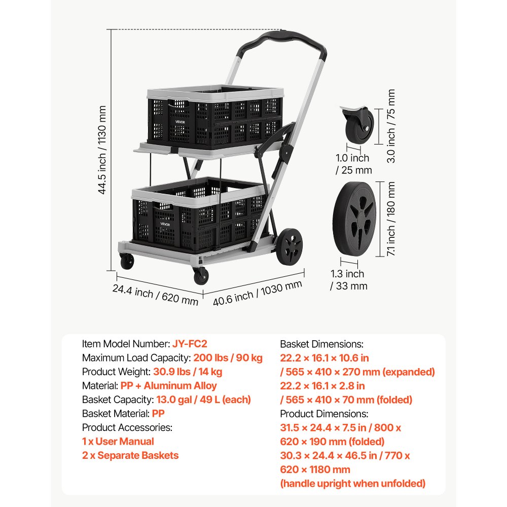 VEVOR Collapsible Shopping Cart with Wheels Foldable for Grocery Black Gray, 90 kg Capacity Rolling Utility Cart, Storage Crate & Foot Brake, Portable Folding for Groceries, Warehouse, Supermarket