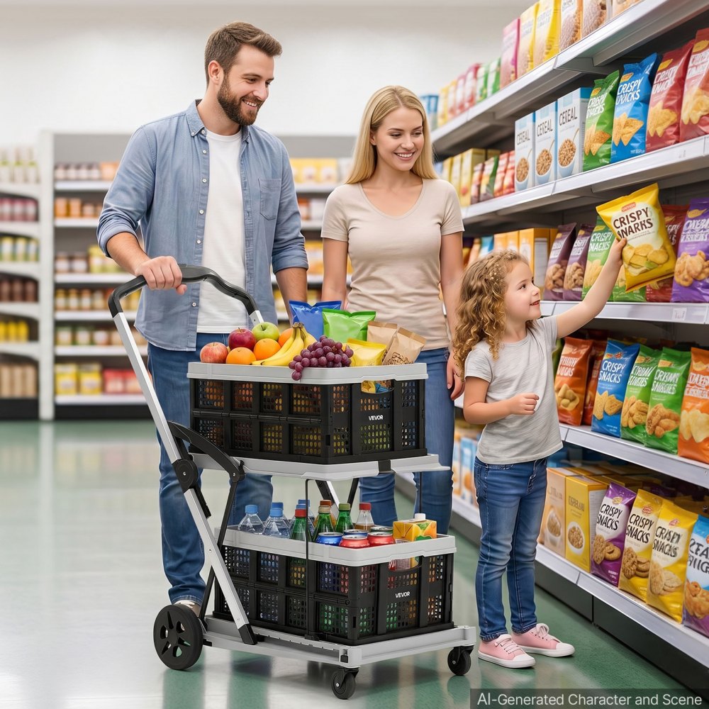 VEVOR Collapsible Shopping Cart with Wheels Foldable for Grocery Black Gray, 90 kg Capacity Rolling Utility Cart, Storage Crate & Foot Brake, Portable Folding for Groceries, Warehouse, Supermarket