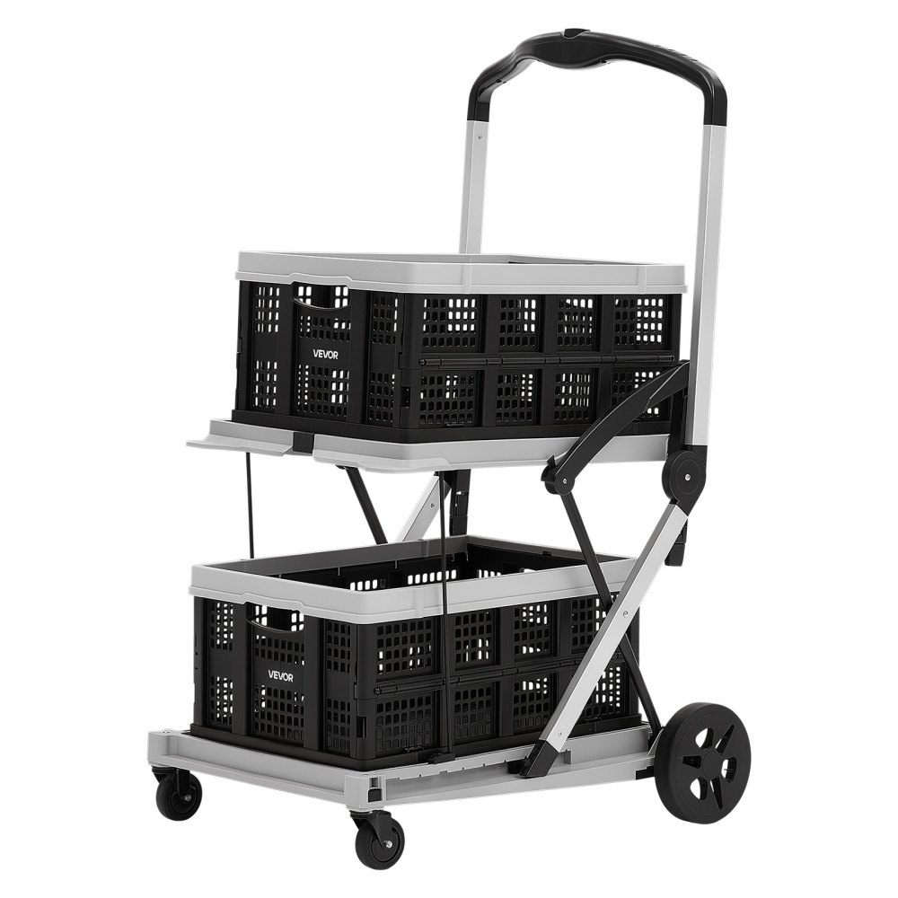 VEVOR Collapsible Shopping Cart with Wheels Foldable for Grocery Black Gray, 90 kg Capacity Rolling Utility Cart, Storage Crate & Foot Brake, Portable Folding for Groceries, Warehouse, Supermarket