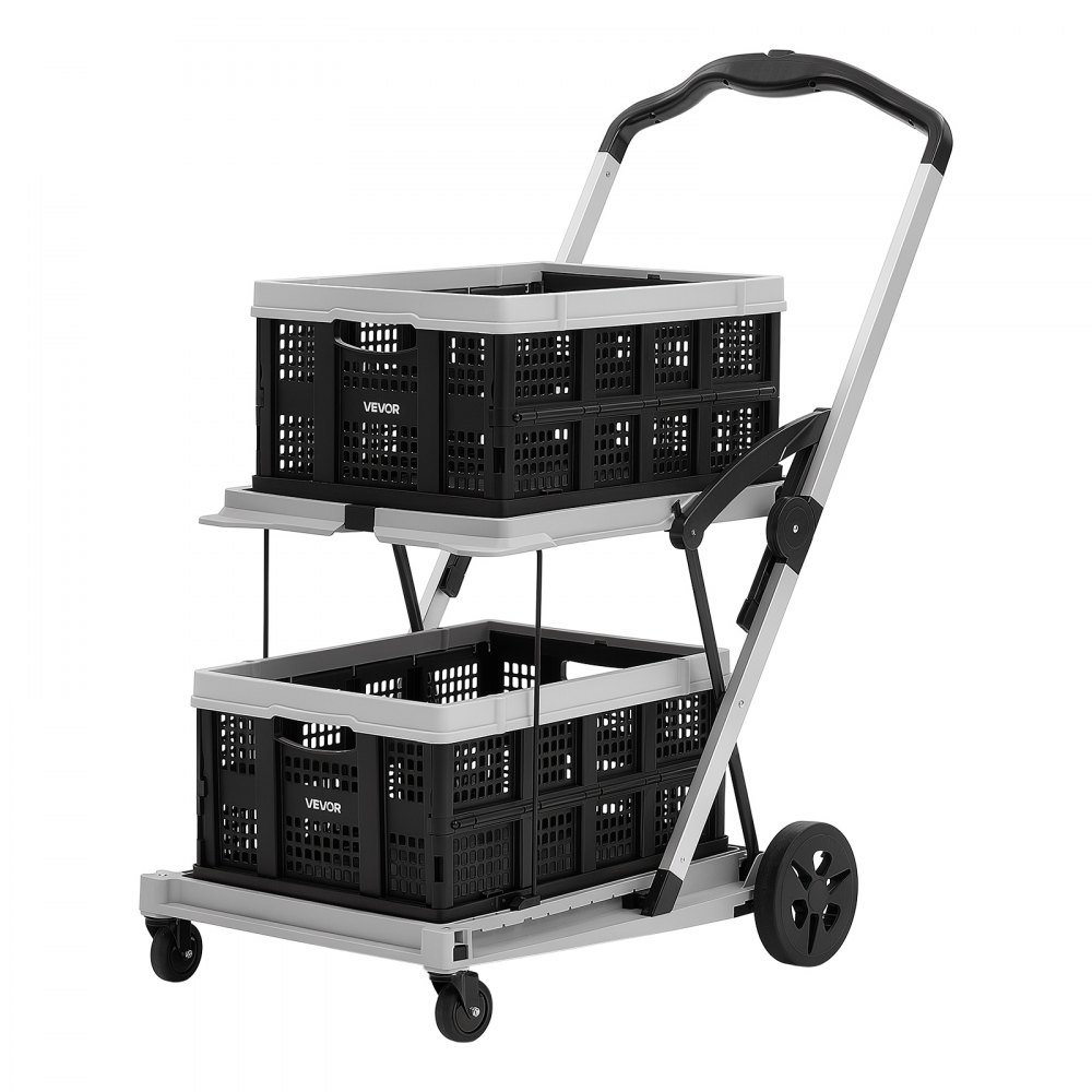 VEVOR Collapsible Shopping Cart with Wheels Foldable for Grocery Black Gray, 90 kg Capacity Rolling Utility Cart, Storage Crate & Foot Brake, Portable Folding for Groceries, Warehouse, Supermarket