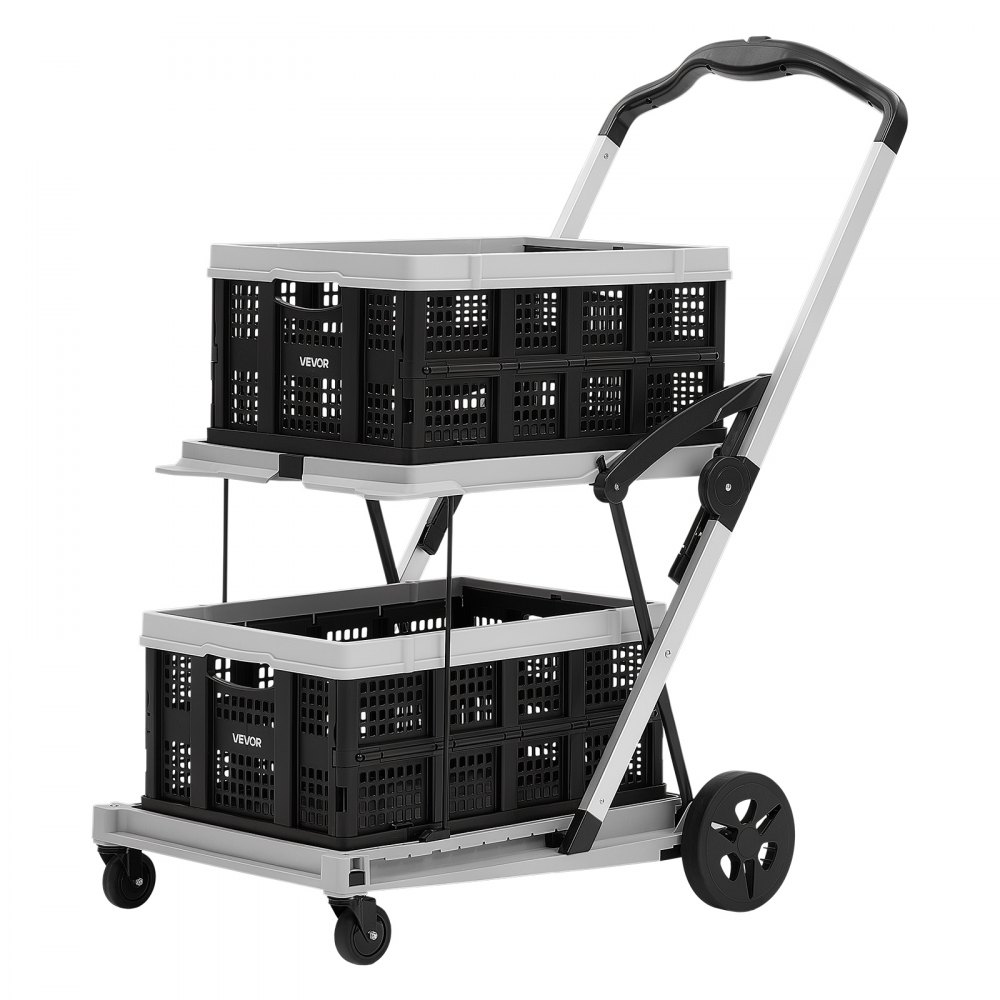 VEVOR Collapsible Shopping Cart with Wheels Foldable for Grocery Black Gray, 90 kg Capacity Rolling Utility Cart, Storage Crate & Foot Brake, Portable Folding for Groceries, Warehouse, Supermarket