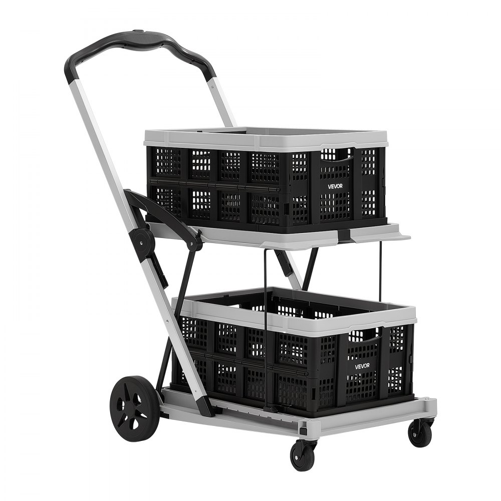 VEVOR Collapsible Shopping Cart with Wheels Foldable for Grocery Black Gray, 90 kg Capacity Rolling Utility Cart, Storage Crate & Foot Brake, Portable Folding for Groceries, Warehouse, Supermarket