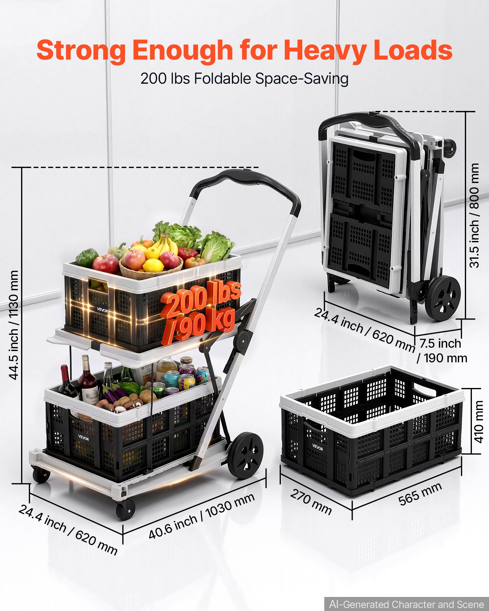 VEVOR Collapsible Shopping Cart with Wheels Foldable for Grocery Black Gray, 90 kg Capacity Rolling Utility Cart, Storage Crate & Foot Brake, Portable Folding for Groceries, Warehouse, Supermarket